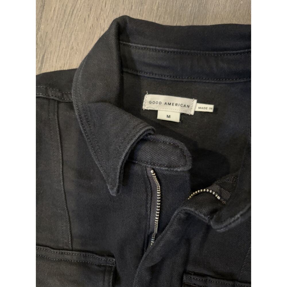 Good American Black Denim Zip-Front Collared Short Sleeve Jumpsuit M - Picture 2 of 10